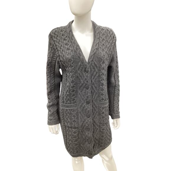 Aran Mor Cardigan Women SZ L Boyfriend 100%Merino Wool Dark Gray Beautiful Knit! - Picture 1 of 5